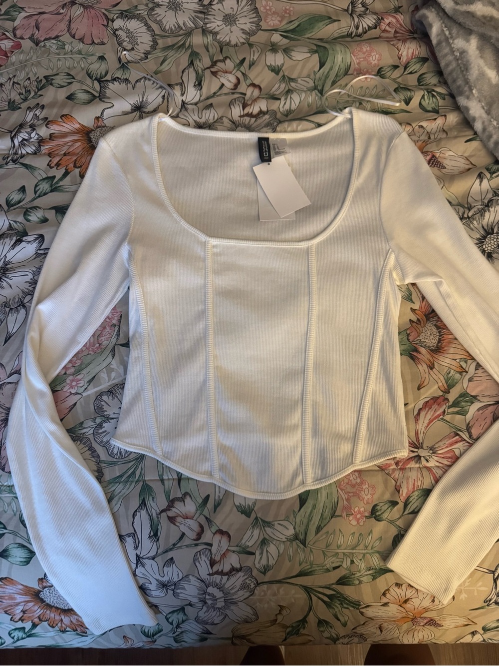 H&M White Ribbed Long-Sleeve Square Neck Top
